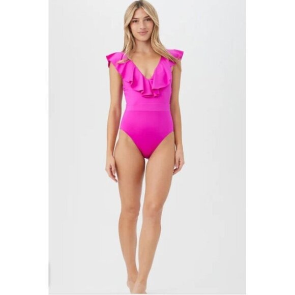 Trina Turk Monaco Swimsuit Ruffle V-Neck One Piece Sz 8 Pink Resort NWT - Picture 1 of 12